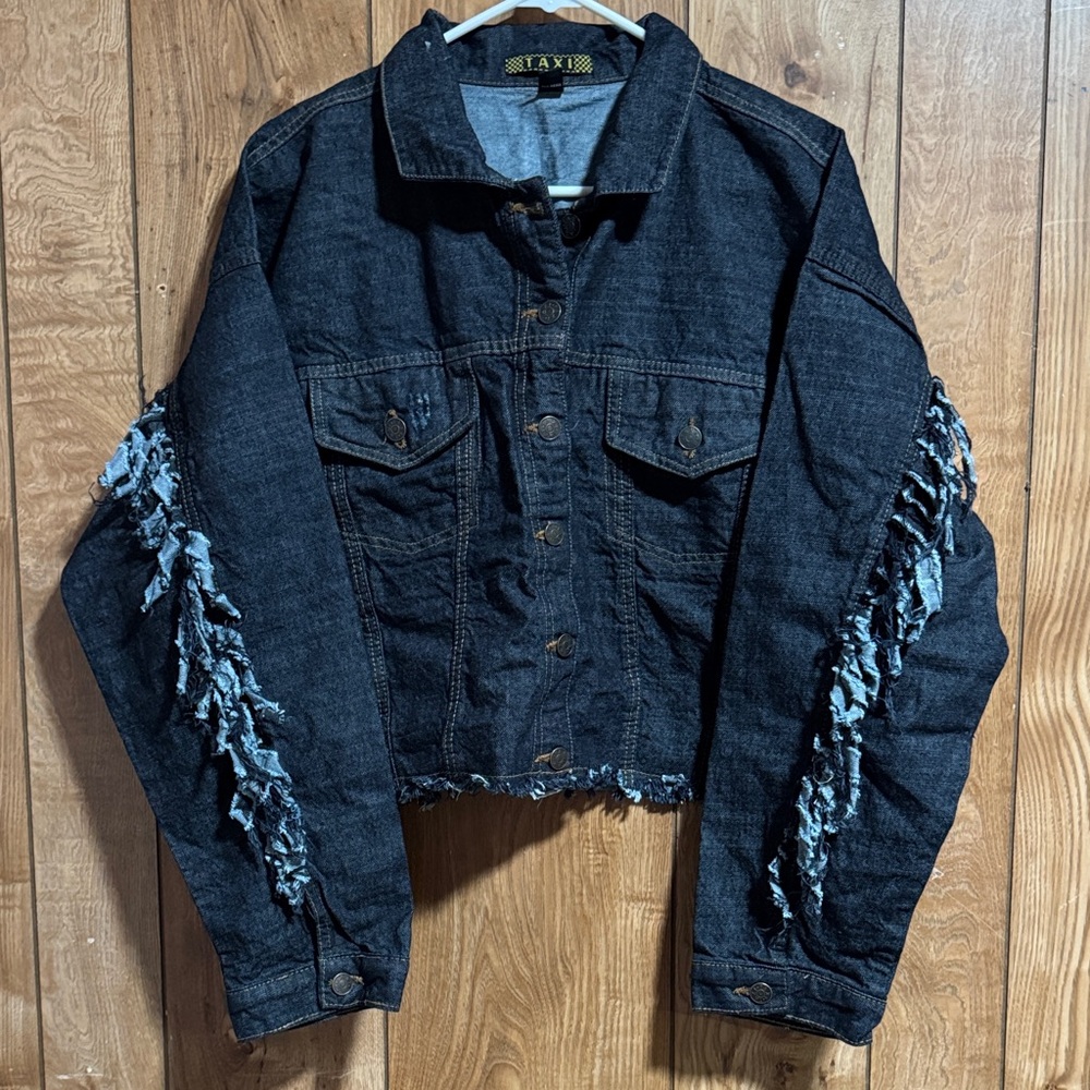 Denim Jacket with Fringe Detail - Black
